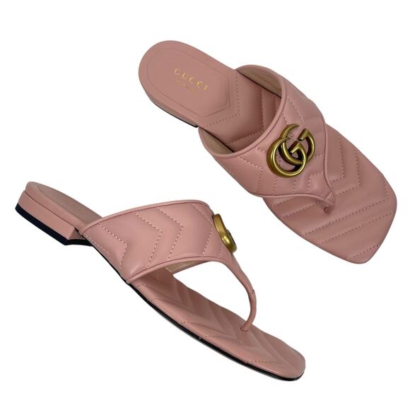 Gucci GG Logo Marmont Leather Thong Flat Sandals Pink Gold Size 37.5 - Picture 1 of 13